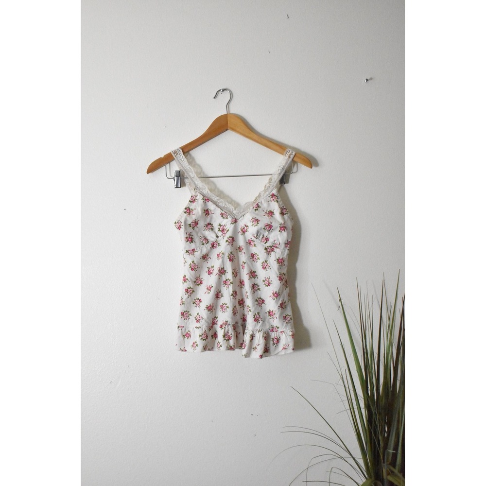 Unbranded Floral Camisole Women Medium White Pink Y2K Lace Ruffle Hem Cotton - Picture 4 of 9